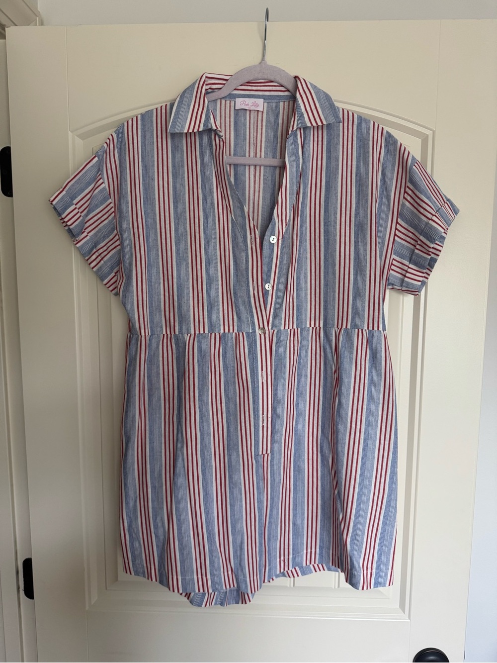 Pink Lily Striped Collared Romper - Blue & Red
